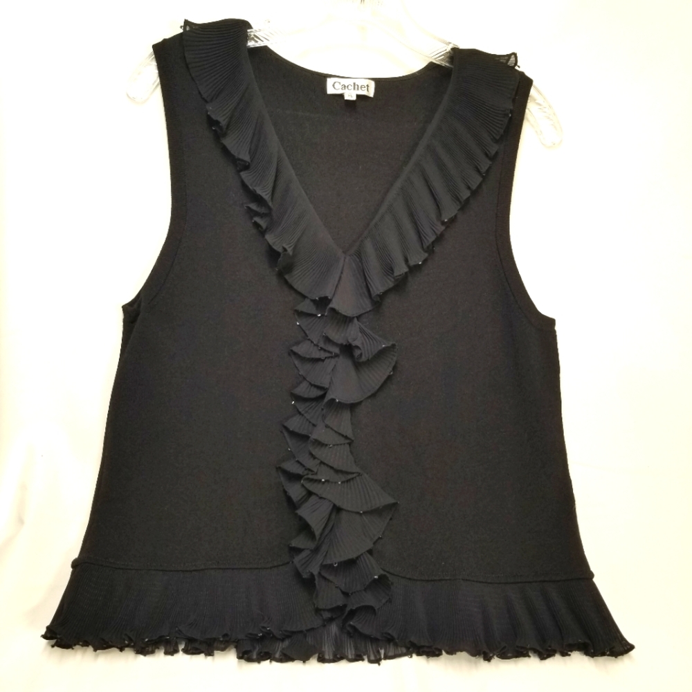 Cachet Womans Sleeveless Sweater Size  XL Ruffled Beads Stretchy Form Fitting